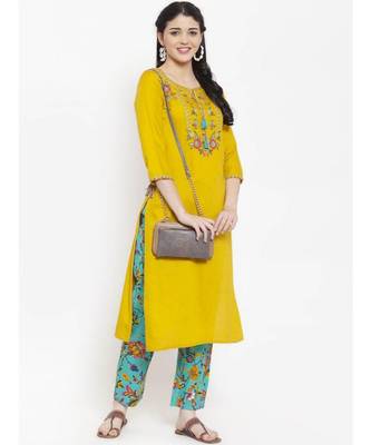 Women yellow embroidery work kurti with printed  palazzo 2