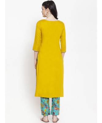 Women yellow embroidery work kurti with printed  palazzo 3