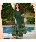 Women Green gold print work kurti with palazzo