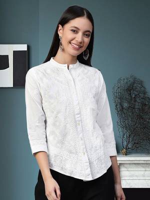 Hand Embroidered White Cotton Lucknowi Chikan Women Shirt 1