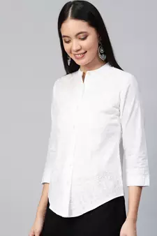 Hand Embroidered White Cotton Lucknowi Chikan Women Shirt