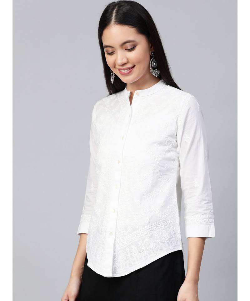 Hand Embroidered White Cotton Lucknowi Chikan Women Shirt