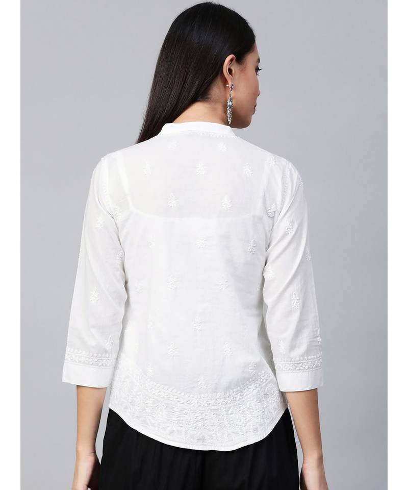Hand Embroidered White Cotton Lucknowi Chikan Women Shirt