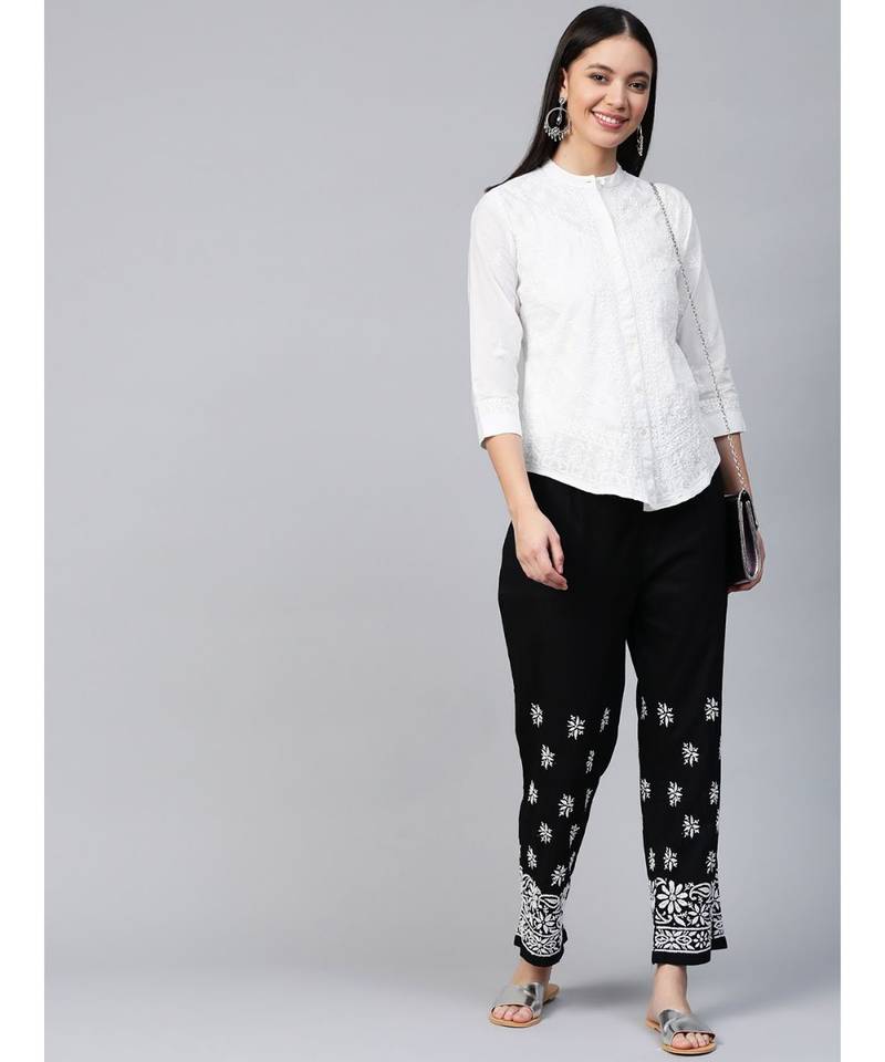 Hand Embroidered White Cotton Lucknowi Chikan Women Shirt