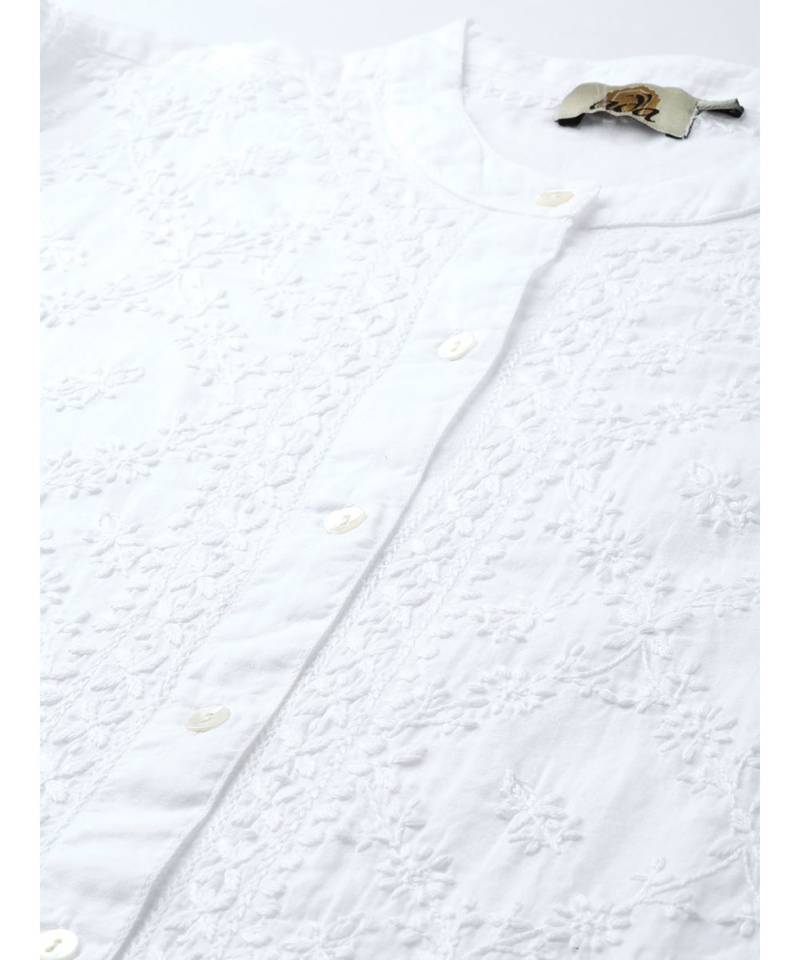 Hand Embroidered White Cotton Lucknowi Chikan Women Shirt