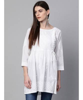 Ada Hand Embroidered White Cotton Lucknow Chikankari Women Short Kurti - A100427 1