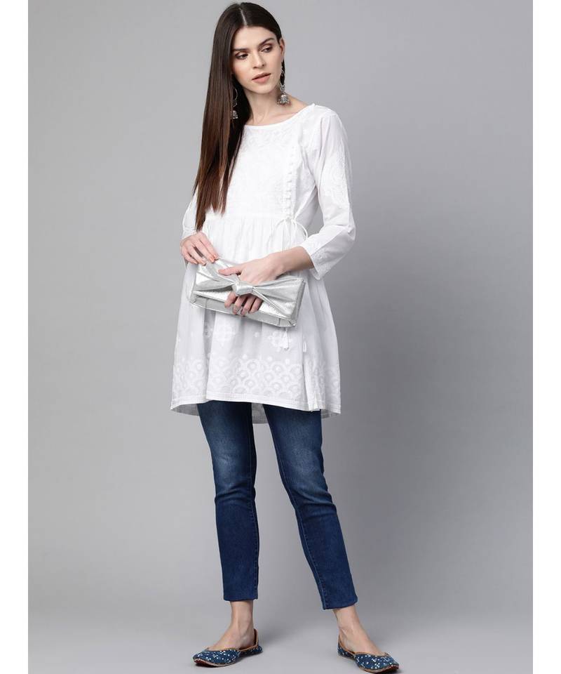 Ada Hand Embroidered White Cotton Lucknow Chikankari Women Short Kurti - A100427