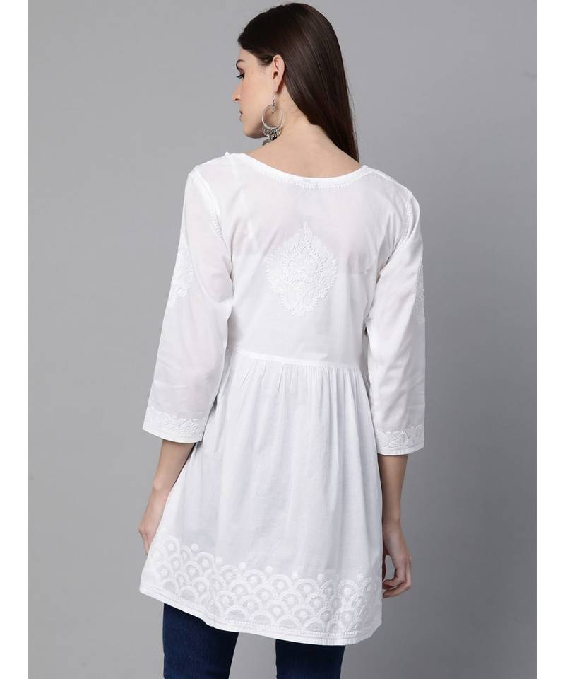Ada Hand Embroidered White Cotton Lucknow Chikankari Women Short Kurti - A100427