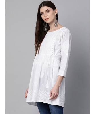 Ada Hand Embroidered White Cotton Lucknow Chikankari Women Short Kurti - A100427 4