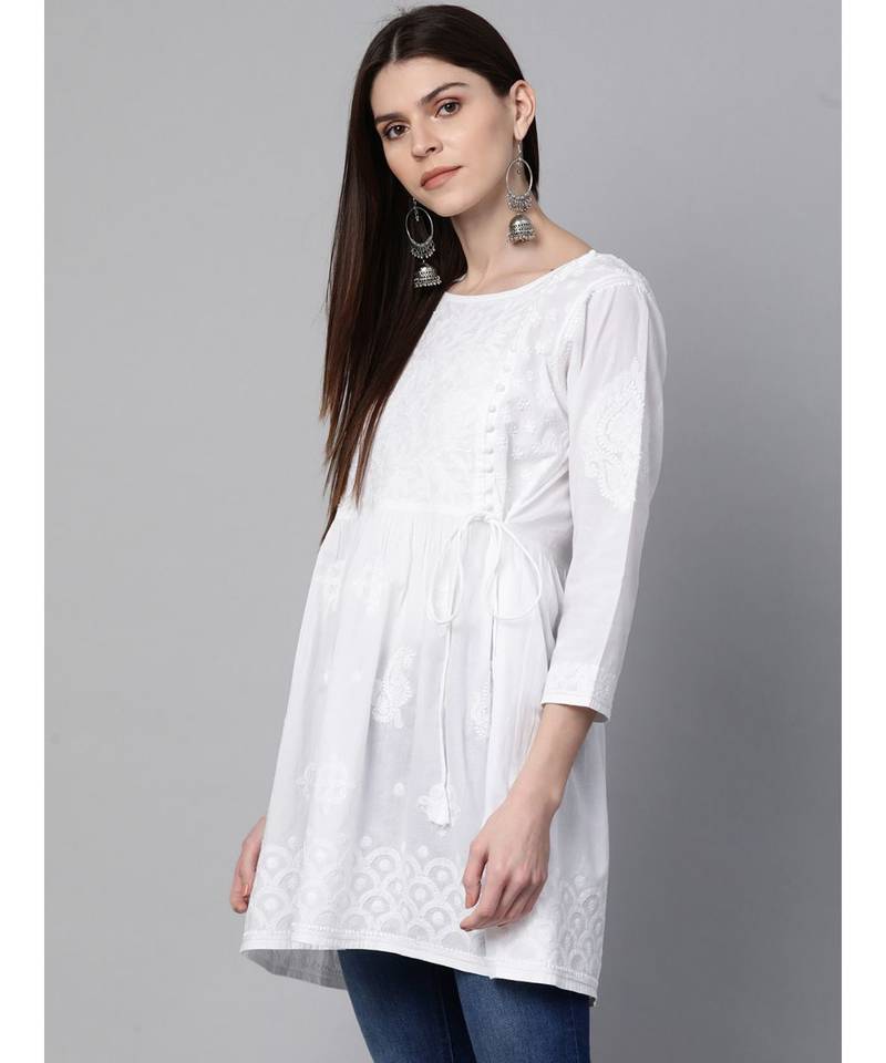 Ada Hand Embroidered White Cotton Lucknow Chikankari Women Short Kurti - A100427