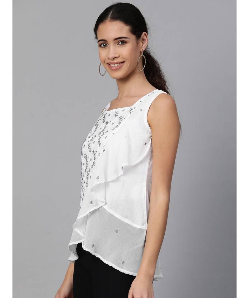 Ada Hand Embroidered White Cotton Lucknowi Chikankari Women Top - A100276