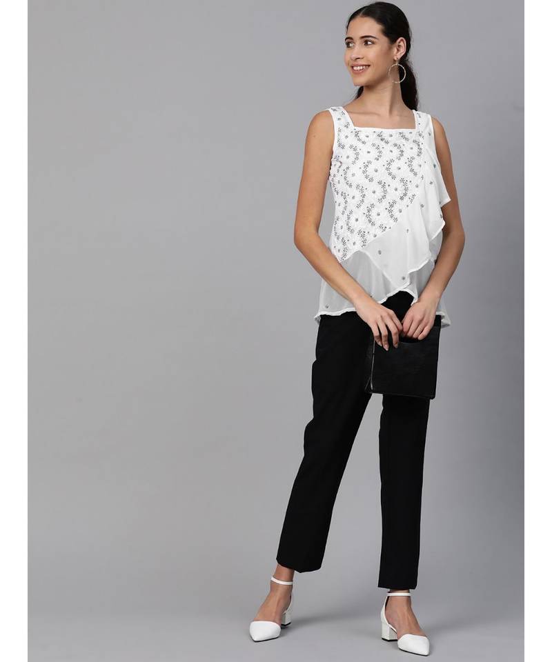 Ada Hand Embroidered White Cotton Lucknowi Chikankari Women Top - A100276