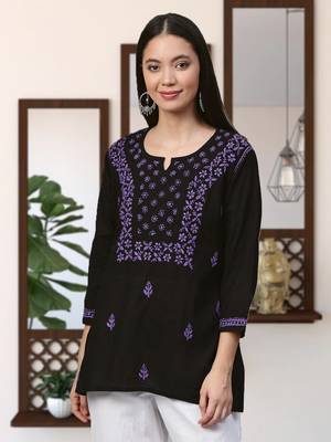 Hand Embroidered Black & Purple Cotton Lucknowi Chikankari Women Top 1