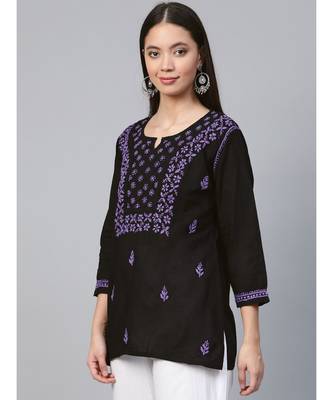Hand Embroidered Black & Purple Cotton Lucknowi Chikankari Women Top 3