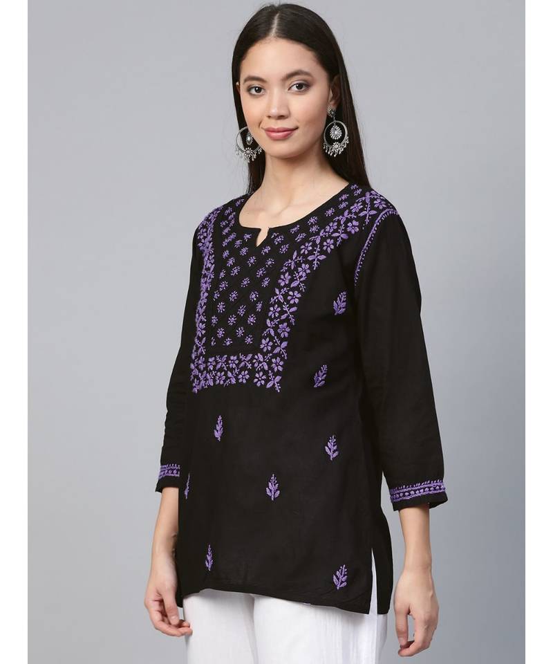 Hand Embroidered Black & Purple Cotton Lucknowi Chikankari Women Top