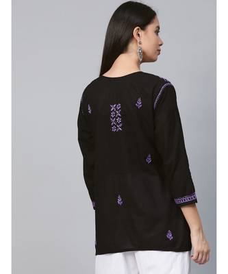 Hand Embroidered Black & Purple Cotton Lucknowi Chikankari Women Top 4