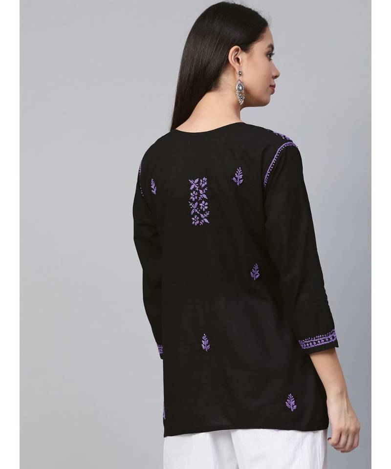 Hand Embroidered Black & Purple Cotton Lucknowi Chikankari Women Top