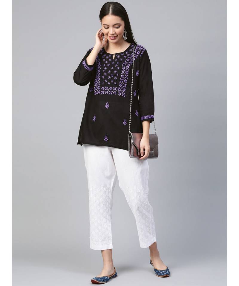 Hand Embroidered Black & Purple Cotton Lucknowi Chikankari Women Top