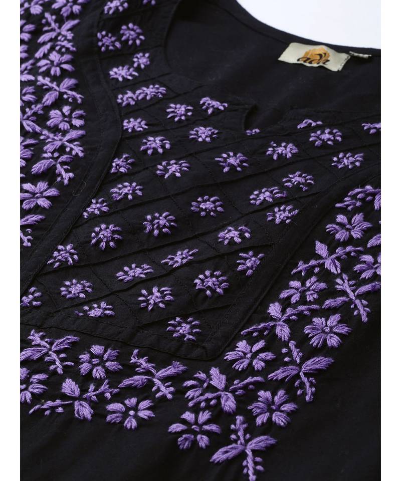 Hand Embroidered Black & Purple Cotton Lucknowi Chikankari Women Top