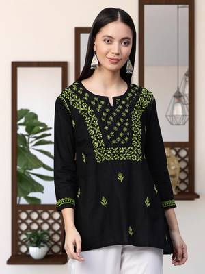 Hand Embroidered Black & Green Cotton Lucknowi Chikankari Women Top 1