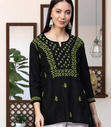 Hand Embroidered Black & Green Cotton Lucknowi Chikankari Women Top