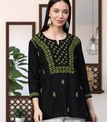 Hand Embroidered Black & Green Cotton Lucknowi Chikankari Women Top