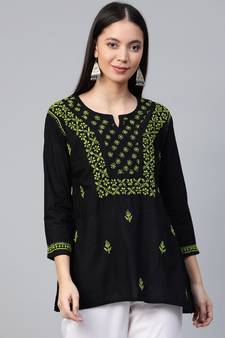 Ada Hand Embroidered Black Cotton Lucknowi Chikankari Women Top - A100555