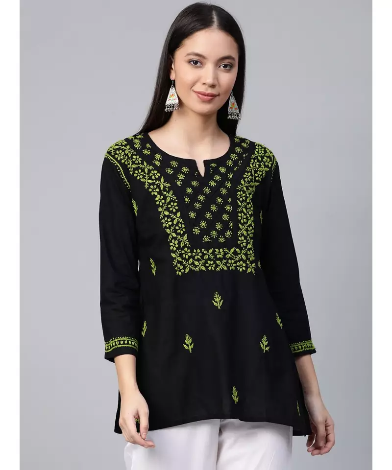 Ada Hand Embroidered Black Cotton Lucknowi Chikankari Women Top - A100555