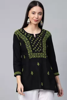 Ada Hand Embroidered Black Cotton Lucknowi Chikankari Women Top - A100555