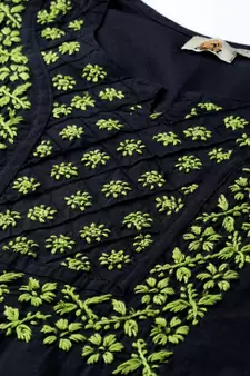 Hand Embroidered Black & Green Cotton Lucknowi Chikankari Women Top
