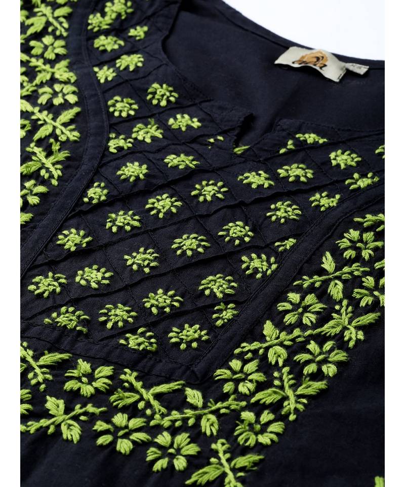 Hand Embroidered Black & Green Cotton Lucknowi Chikankari Women Top