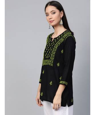 Hand Embroidered Black & Green Cotton Lucknowi Chikankari Women Top 3