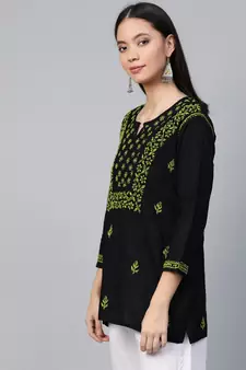 Hand Embroidered Black & Green Cotton Lucknowi Chikankari Women Top