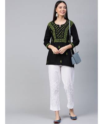 Hand Embroidered Black & Green Cotton Lucknowi Chikankari Women Top 4