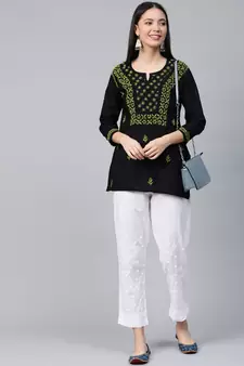 Hand Embroidered Black & Green Cotton Lucknowi Chikankari Women Top