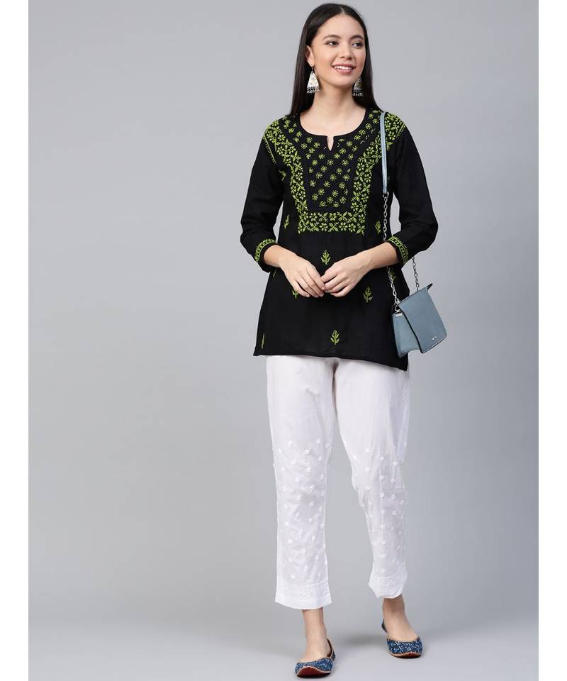 Hand Embroidered Black & Green Cotton Lucknowi Chikankari Women Top