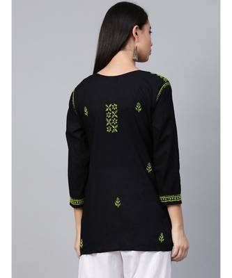 Hand Embroidered Black & Green Cotton Lucknowi Chikankari Women Top 5
