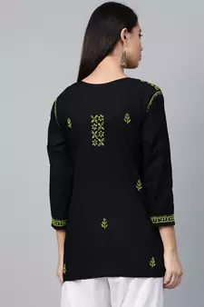 Hand Embroidered Black & Green Cotton Lucknowi Chikankari Women Top