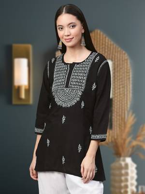 Hand Embroidered Black & Grey Cotton Lucknowi Chikankari Women Top 1
