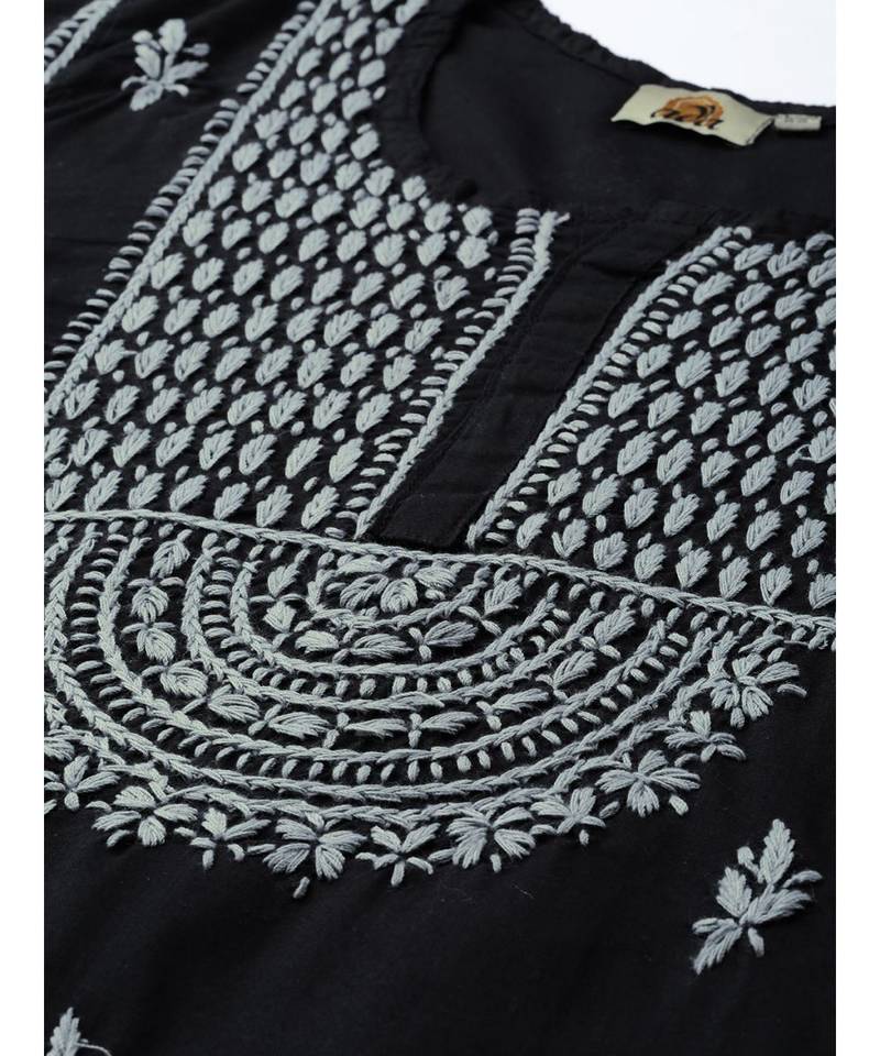Hand Embroidered Black & Grey Cotton Lucknowi Chikankari Women Top