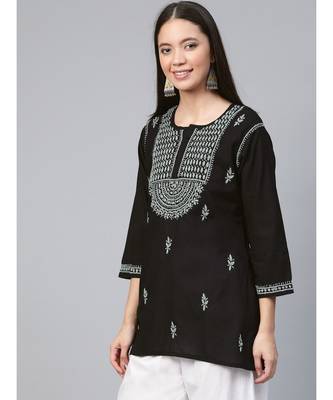 Hand Embroidered Black & Grey Cotton Lucknowi Chikankari Women Top 3