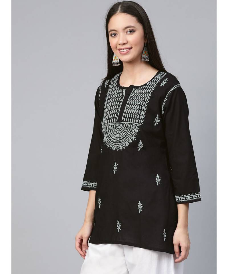 Hand Embroidered Black & Grey Cotton Lucknowi Chikankari Women Top