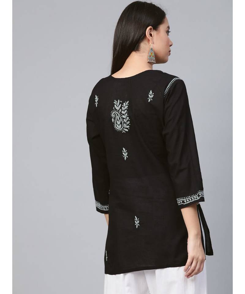Hand Embroidered Black & Grey Cotton Lucknowi Chikankari Women Top