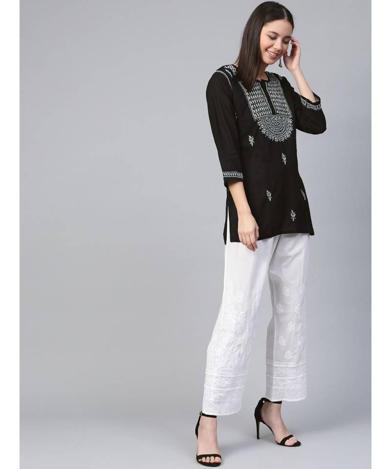 Hand Embroidered Black & Grey Cotton Lucknowi Chikankari Women Top