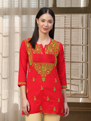 Hand Embroidered Red Pure Cambric Cotton Lucknowi Chikankari Women Top 1