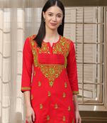 Hand Embroidered Red Pure Cambric Cotton Lucknowi Chikankari Women Top