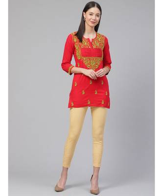 Hand Embroidered Red Pure Cambric Cotton Lucknowi Chikankari Women Top 2