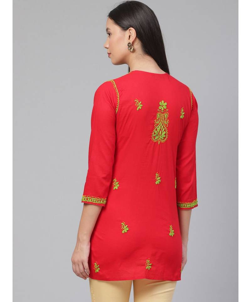 Hand Embroidered Red Pure Cambric Cotton Lucknowi Chikankari Women Top