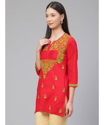 Hand Embroidered Red Pure Cambric Cotton Lucknowi Chikankari Women Top 4