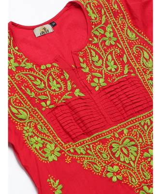 Hand Embroidered Red Pure Cambric Cotton Lucknowi Chikankari Women Top 5